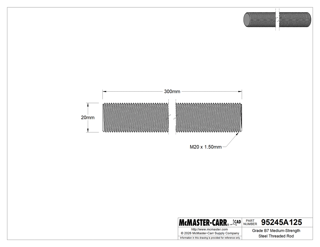 Technical Drawing of Grade B7 Medium-Strength Steel Threaded Rod, Fine-Thread, M20 x 1.5 mm Thread, 300 mm Long.